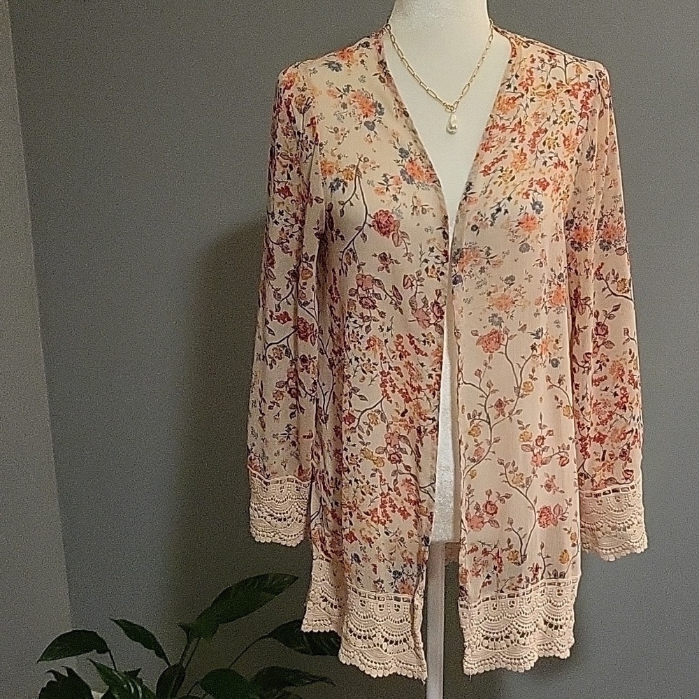 Xhilaration Floral Print Crochet Trimmed Bohemian Kimono Cover Up - Size S
